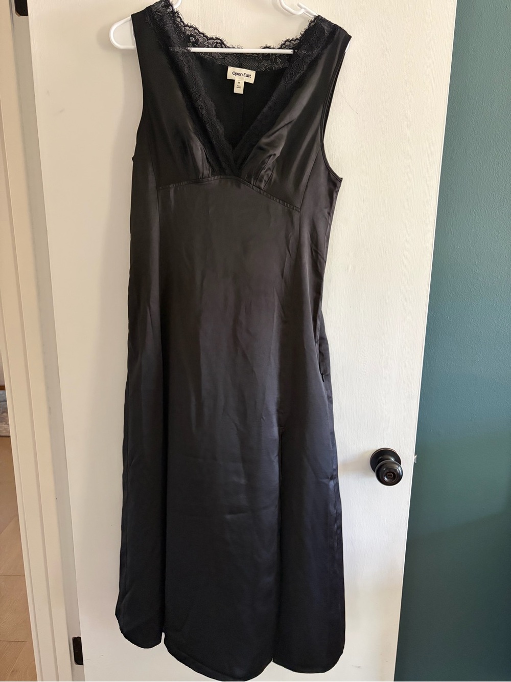 Open Edit Black Lace-Trim Midi Slip Dress